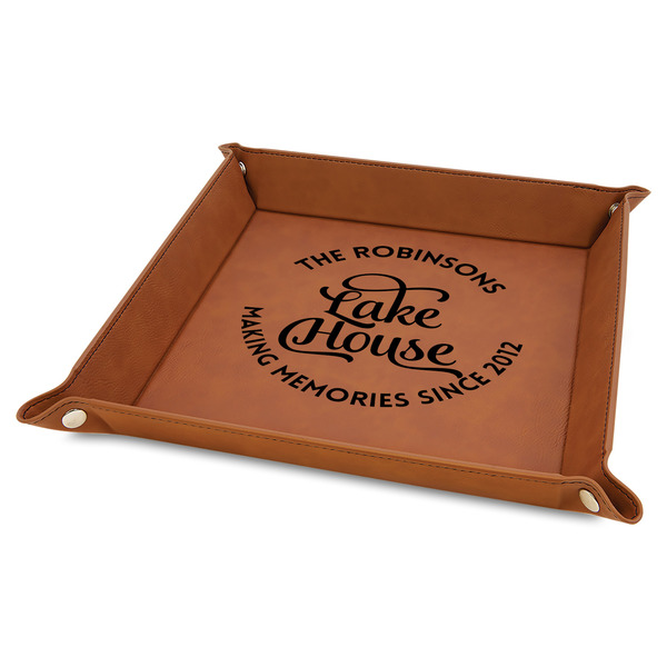 Custom Lake House #2 9" x 9" Leather Valet Tray w/ Name All Over
