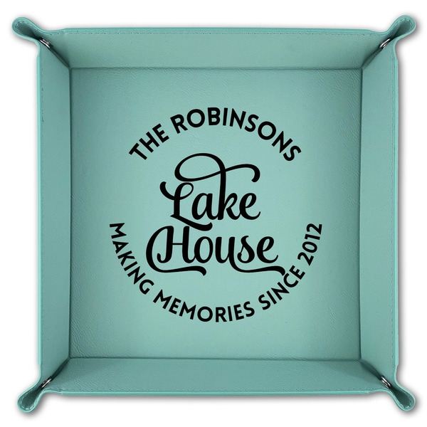 Lake House #2 9" x 9" Teal Leatherette Snap Up Tray - FOLDED