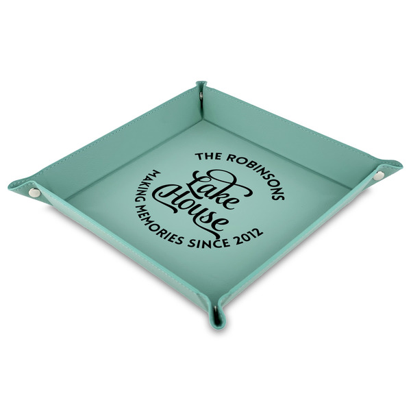 Custom Lake House #2 Faux Leather Dice Tray - 9" x 9"  - Teal (Personalized)