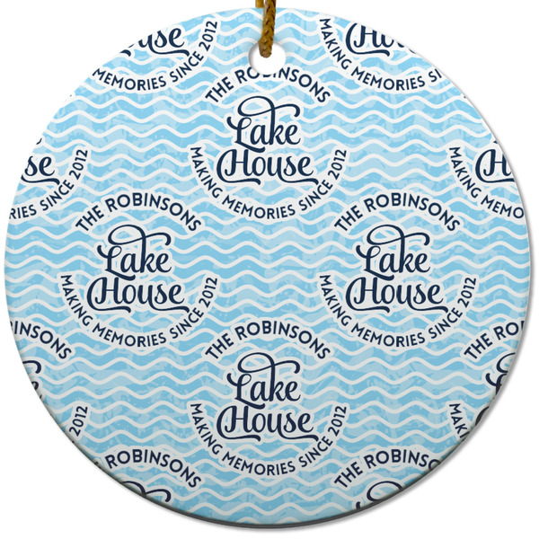 Custom Lake House #2 Round Ceramic Ornament w/ Name All Over
