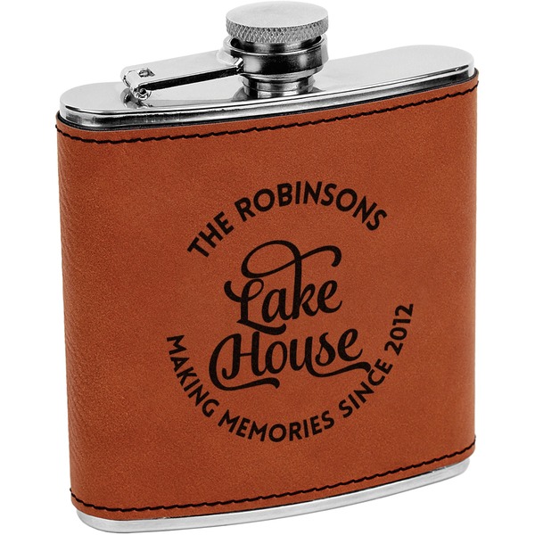 Custom Lake House #2 Leatherette Wrapped Stainless Steel Flask (Personalized)