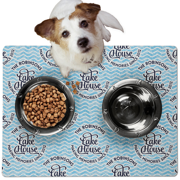Custom Lake House #2 Dog Food Mat - Medium w/ Name All Over