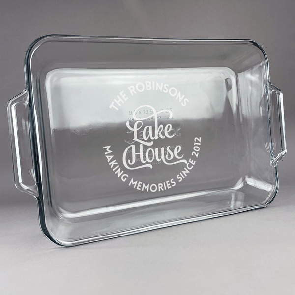 Custom Lake House #2 Glass Baking Dish with Truefit Lid - 13in x 9in (Personalized)