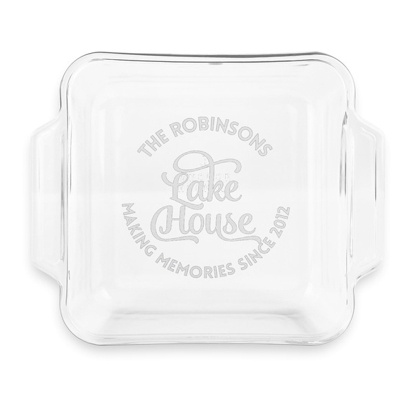 Custom Lake House #2 Glass Cake Dish with Truefit Lid - 8in x 8in (Personalized)