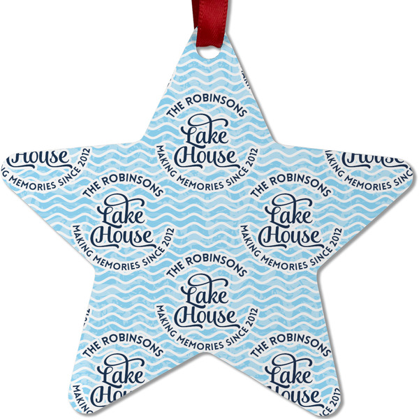 Custom Lake House #2 Metal Star Ornament - Double Sided w/ Name All Over