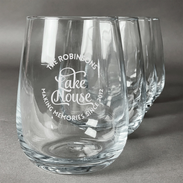 Custom Lake House #2 Stemless Wine Glasses (Set of 4) (Personalized)