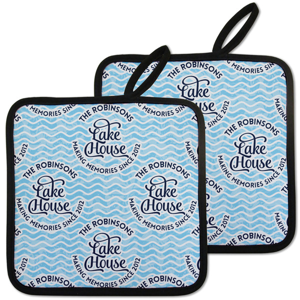 Custom Lake House #2 Pot Holders - Set of 2 w/ Name All Over