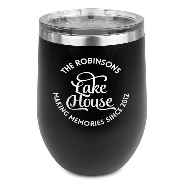 Custom Lake House #2 Stemless Stainless Steel Wine Tumbler - Black - Double Sided (Personalized)