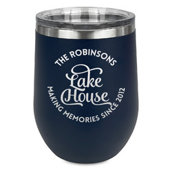 Lake House #2 Stemless Stainless Steel Wine Tumbler - Navy - Double Sided (Personalized)