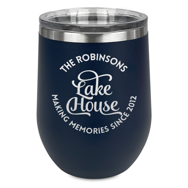 Custom Lake House #2 Stemless Stainless Steel Wine Tumbler - Navy - Double Sided (Personalized)