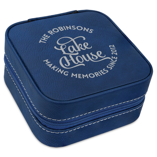 Custom Lake House #2 Travel Jewelry Box - Navy Blue Leather (Personalized)