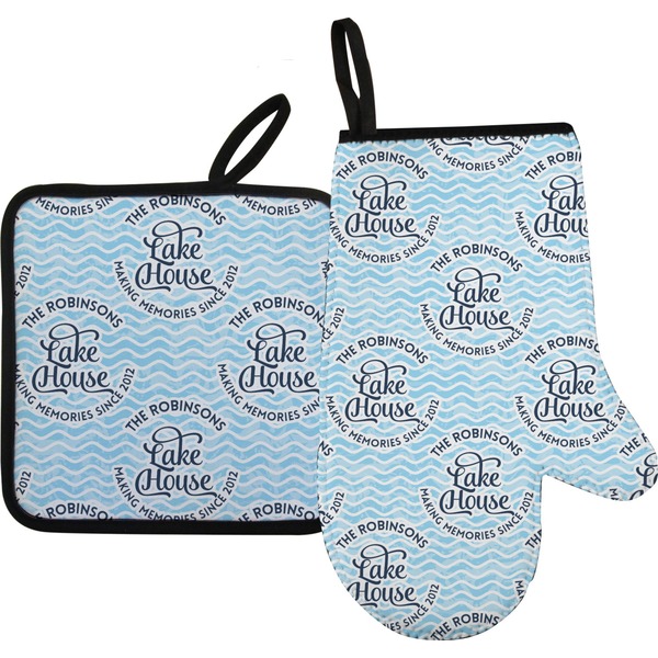 Custom Lake House #2 Oven Mitt & Pot Holder Set w/ Name All Over