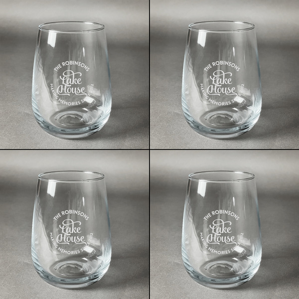 Lake House w/Name & Date Set of Four Personalized Stemless Wineglasses (Approval)