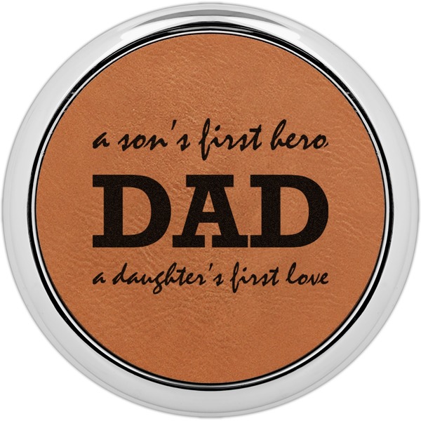 Custom Father's Day Quotes & Sayings Leatherette Round Coaster w/ Silver Edge (Personalized)