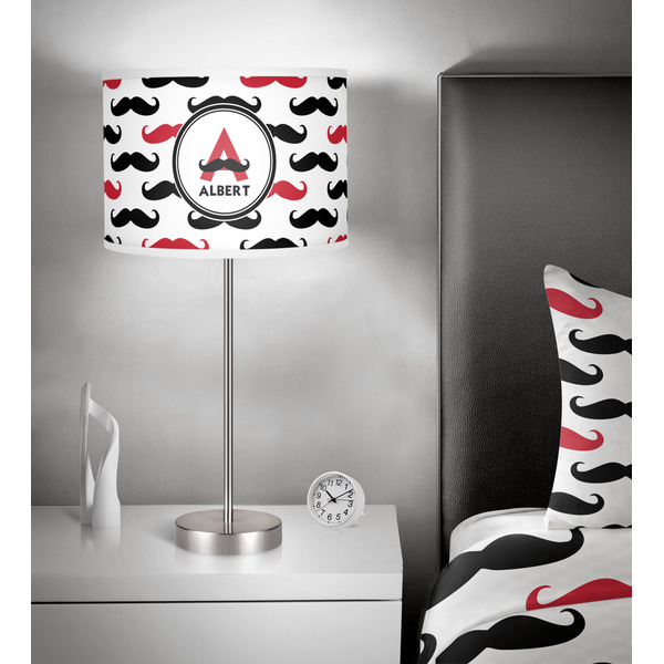Mustache Print 13 inch drum lamp shade - in room