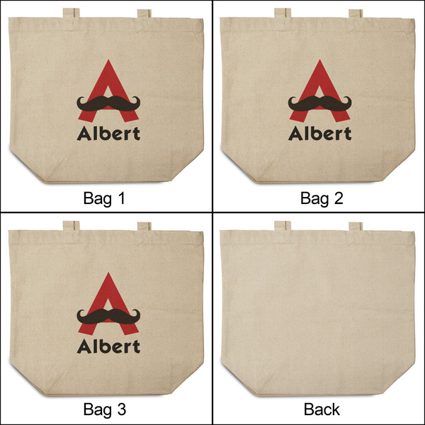 Mustache Print 3 Reusable Cotton Grocery Bags - Front & Back View
