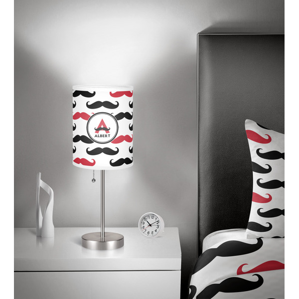 Mustache Print 7 inch drum lamp shade - in room