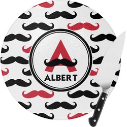 Mustache Print Round Glass Cutting Board - Small (Personalized)