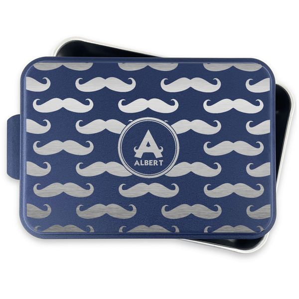 Mustache Print Aluminum Baking Pan - Navy Lid - FRONT w/lid off