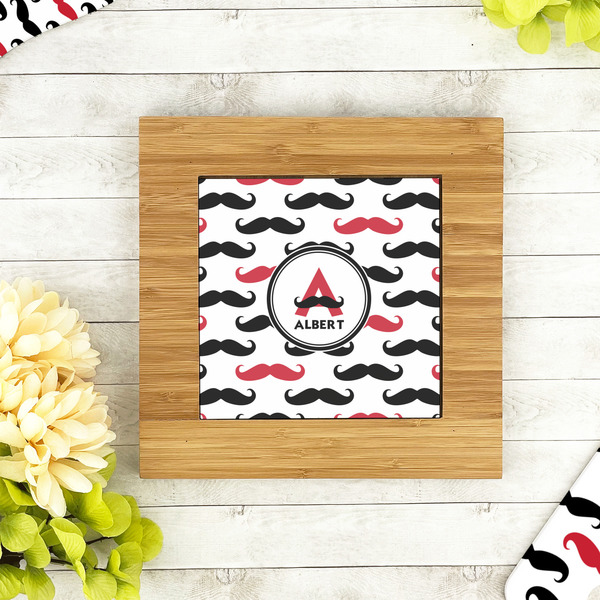 Mustache Print Bamboo Trivet with 6" Tile - LIFESTYLE