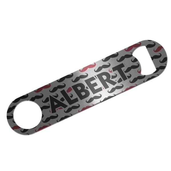 Custom Mustache Print Bar Bottle Opener - Silver w/ Name and Initial