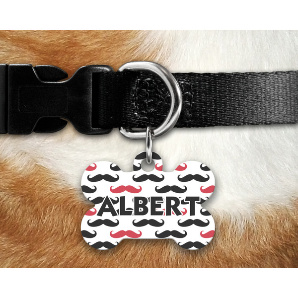 Mustache Print Bone Shaped Dog Tag on Collar & Dog