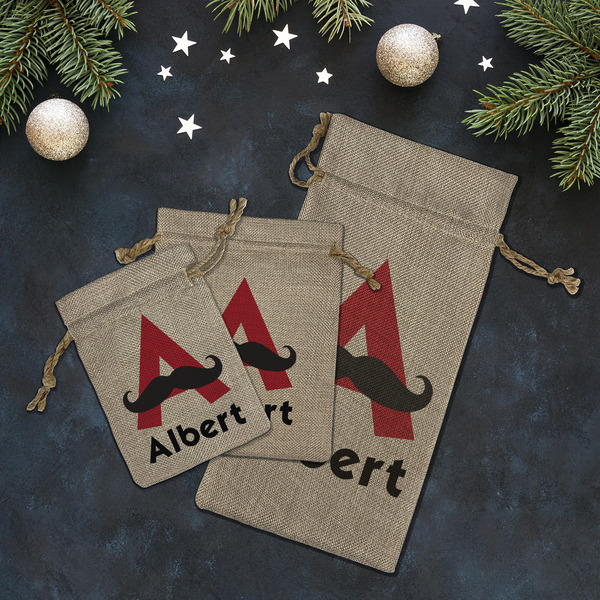 Mustache Print Burlap Gift Bags - LIFESTYLE (Flat lay)