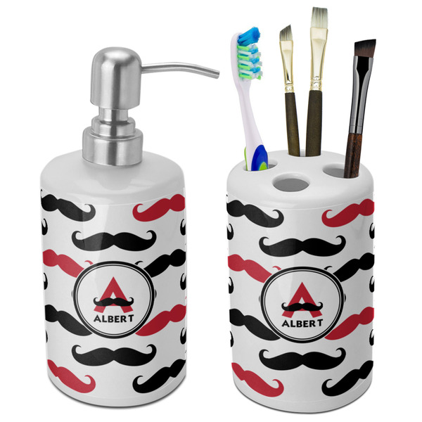 Custom Mustache Print Ceramic Bathroom Accessories Set (Personalized)