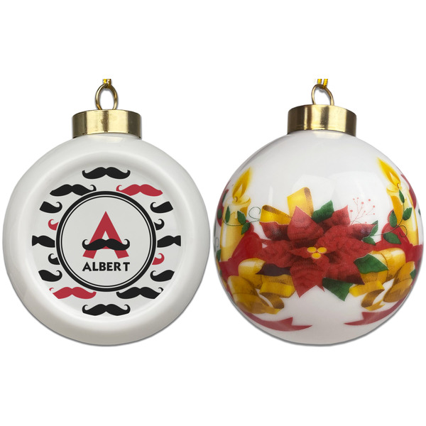 Mustache Print Ceramic Christmas Ornament - Poinsettias (APPROVAL)