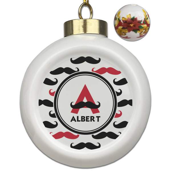Custom Mustache Print Ceramic Ball Ornaments - Poinsettia Garland (Personalized)