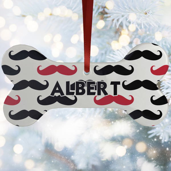 Custom Mustache Print Ceramic Dog Ornament w/ Name and Initial