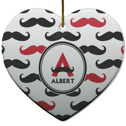 Mustache Print Heart Ceramic Ornament w/ Name and Initial