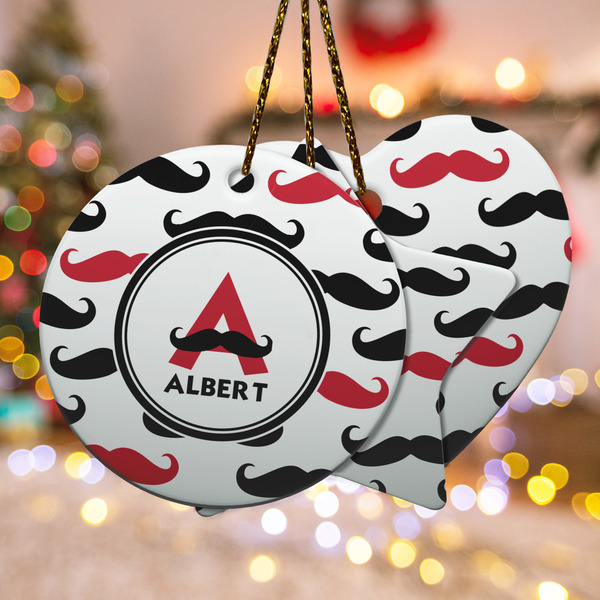 Custom Mustache Print Ceramic Ornament w/ Name and Initial