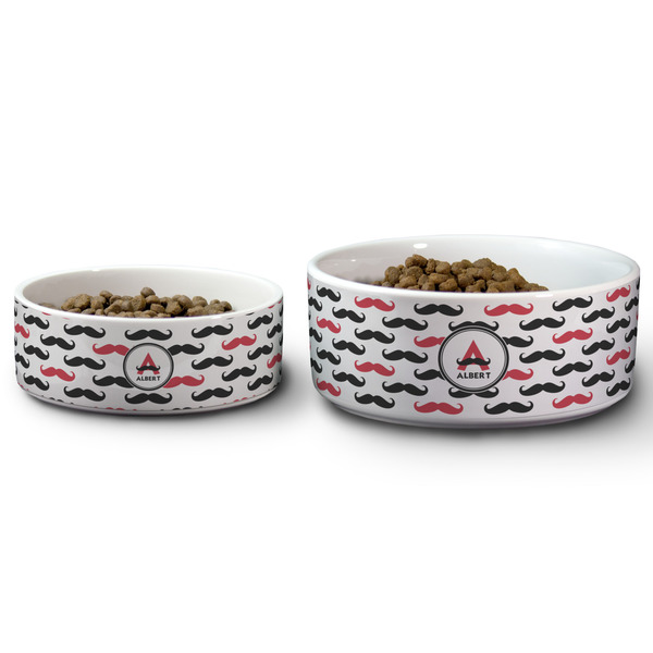 Mustache Print Ceramic Dog Bowls - Size Comparison