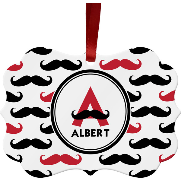 Custom Mustache Print Metal Frame Ornament - Double Sided w/ Name and Initial