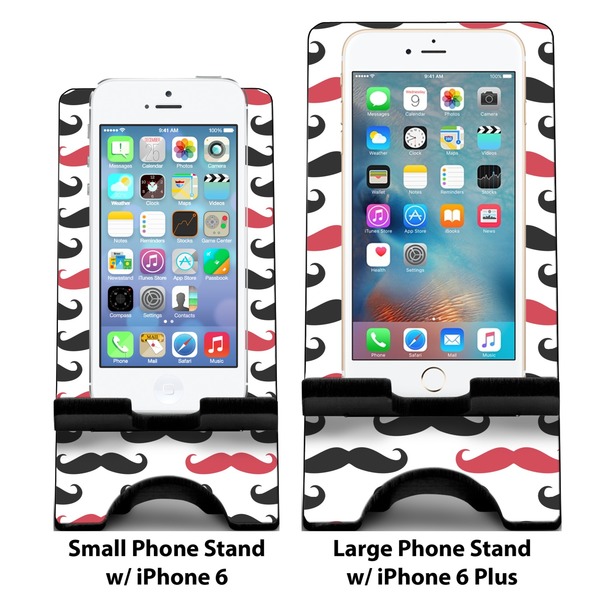 Mustache Print Compare Phone Stand Sizes - with iPhones