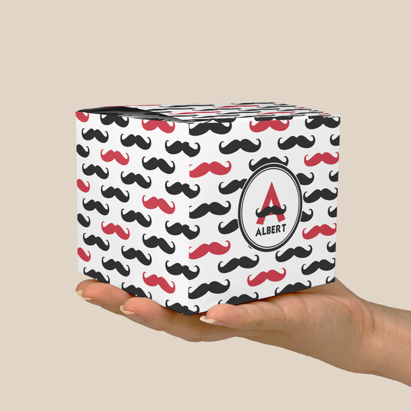 Mustache Print Cube Favor Gift Box - On Hand - Scale View