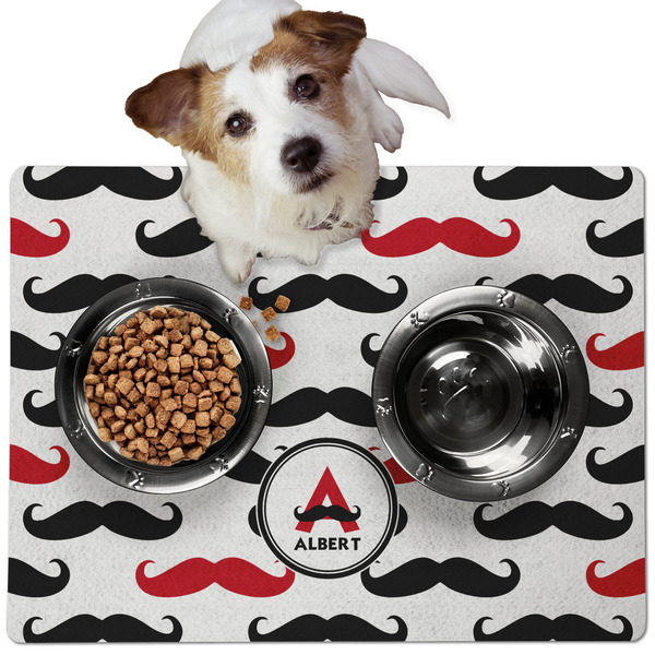 Custom Mustache Print Dog Food Mat - Medium w/ Name and Initial