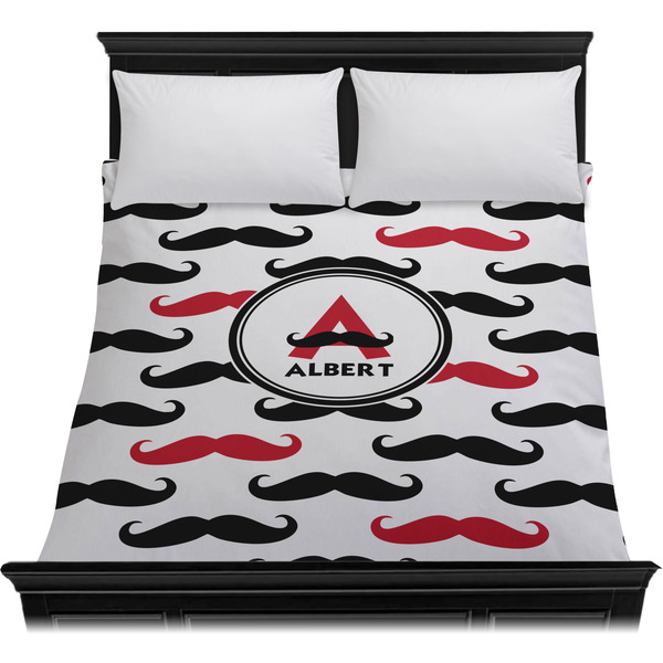 Mustache Print Duvet Cover - Queen - On Bed - No Prop