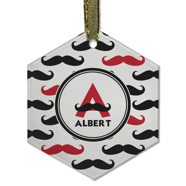 Custom Mustache Print Flat Glass Ornament - Hexagon w/ Name and Initial