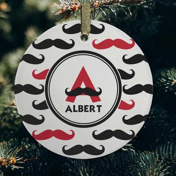 Mustache Print Frosted Glass Ornament - Round (Lifestyle)
