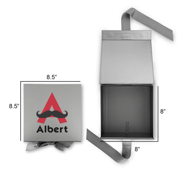 Mustache Print Gift Boxes with Magnetic Lid - Silver - Open & Closed