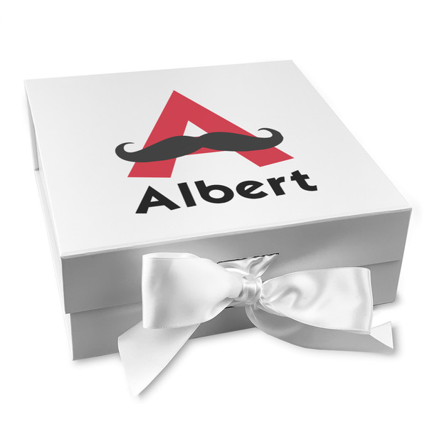 Custom Mustache Print Gift Box with Magnetic Lid - White (Personalized)
