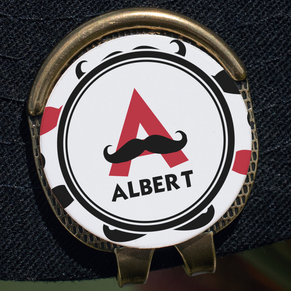 Mustache Print Golf Ball Marker Hat Clip - Gold - Close Up