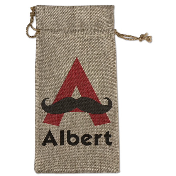 Custom Mustache Print Large Burlap Gift Bag - Front (Personalized)