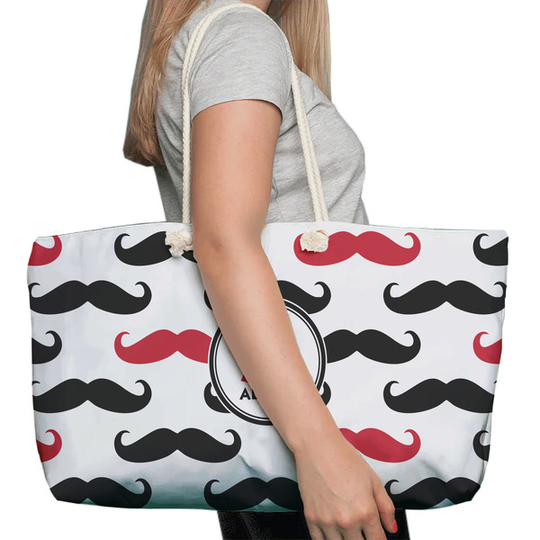 Mustache Print Large Rope Tote Bag - In Context View