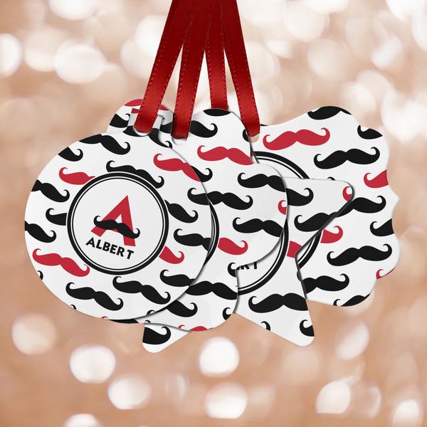 Custom Mustache Print Metal Ornaments - Double Sided w/ Name and Initial