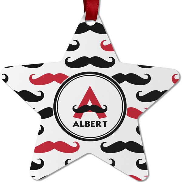 Custom Mustache Print Metal Star Ornament - Double Sided w/ Name and Initial