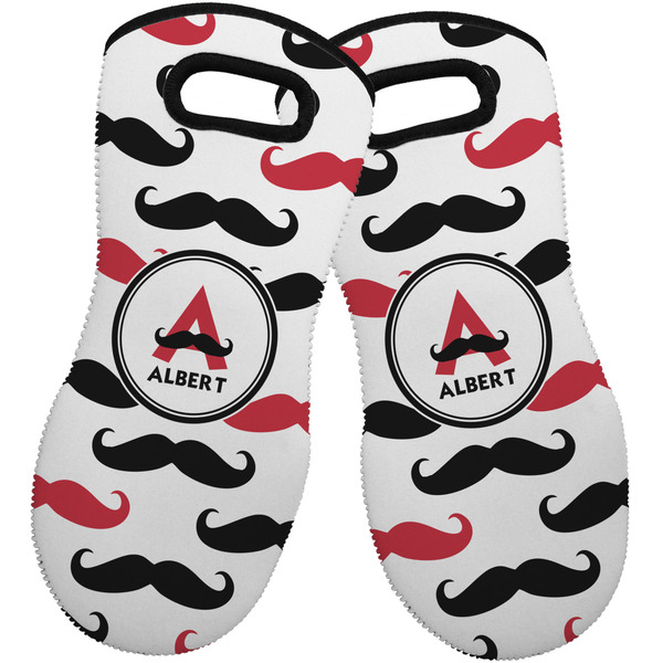 Custom Mustache Print Neoprene Oven Mitts - Set of 2 w/ Name and Initial