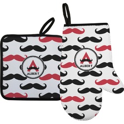 Mustache Print Oven Mitt & Pot Holder Set w/ Name and Initial